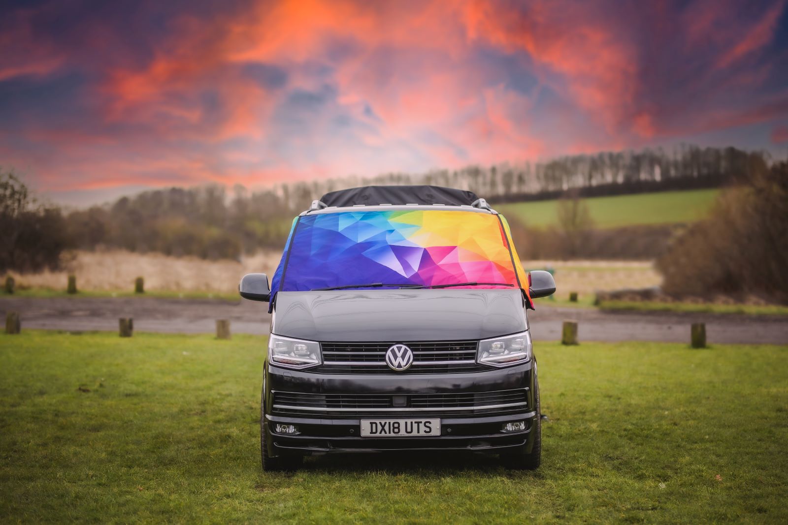 Geometric Campervan Cover Red Sky Background